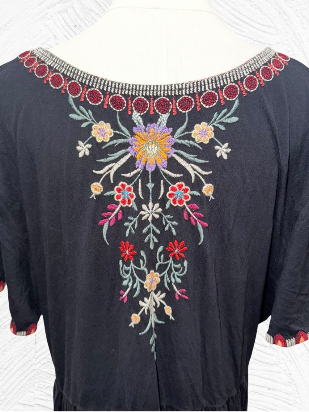 Johnny Was Black Embroidered Short Sleeve Tiered Dress with Pink & Blue Accents - Picture 4 of 10
